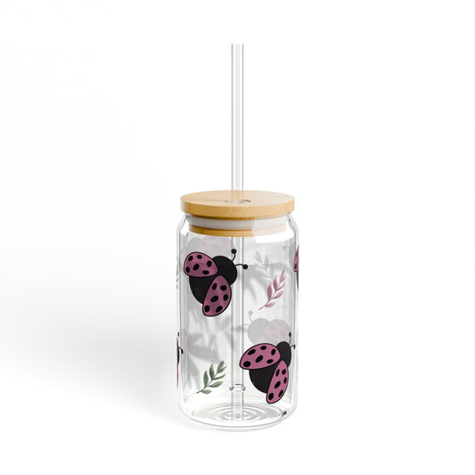 Ladybug Glass Sipper 16oz - Eco-Friendly Drinkware with Bamboo Lid
